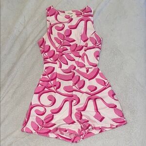 Anthropologie Pink and White Swirl Romper with Fitted Waist